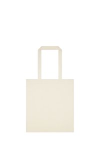 Sac fourre-tout de couleur crème, en forme carrée, fabriqué en matériau lisse. Il dispose de deux anses plates attachées sur le dessus.