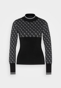 Maglione nero dalla linea aderente, con un pannello superiore decorato da motivi bianchi e accenti grigi su colletto e polsini.