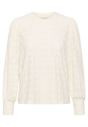 Witte, gestructureerde blouse met lange, opbollende mouwen en een ronde halslijn, voorzien van een ruitpatroon door de stof.