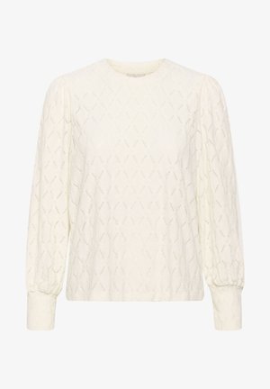 Witte, gestructureerde blouse met lange, opbollende mouwen en een ronde halslijn, voorzien van een ruitpatroon door de stof.