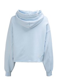 Pastelowa niebieska krótka bluza z kapturem z długimi rękawami, ściągaczami przy mankietach, regulowanym kapturem oraz małym haftowanym napisem przy dolnym brzegu i kapturze.