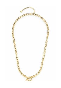 Gouden ketting met ovale schakels en een sluiting met een toggle. Gladde textuur met een glanzende afwerking; verstelbare lengte met een kleine verlengkettinkje.