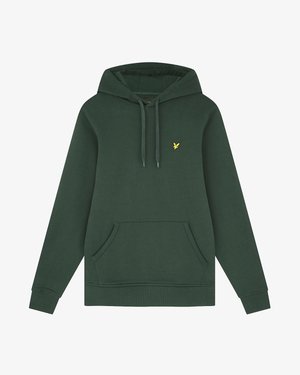 Green hoodie made of cotton blend, featuring a front kangaroo pocket, drawstring hood, and a small yellow bird logo on the chest.
