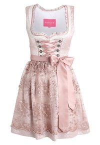 Robe dirndl rose avec un corsage ajusté, un laçage à l'avant et une jupe évasée ornée de motifs floraux, de perles et d'une ceinture en ruban de satin.