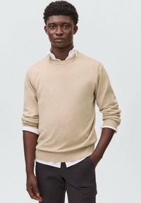 Bež pleteno pulover z rebrastimi manšetami in robom, oblečeno nad belim ovratnikom. Temni hlače dopolnjujejo komplet, prikazan na svetli ozadju.