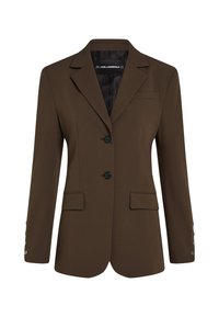 Brauner Blazer mit einem einreihigen Design, zwei Vordertaschen und einer Drei-Knopf-Verschluss. Glattes Material und taillierte Passform mit Reverskragen.