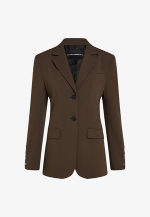 Brown blazer with a single-breasted design, two front pockets, and three-button closure. Smooth fabric and tailored fit with a notch collar.