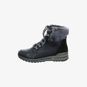 Black winter ankle boot with gray faux fur cuff, lace-up front, metal eyelets, and cushioned, textured sole.