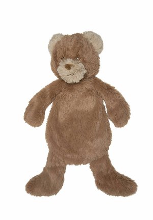 Ours en peluche marron avec museau et oreilles plus clairs, membres mous et bouche souriante cousue sur fond blanc.