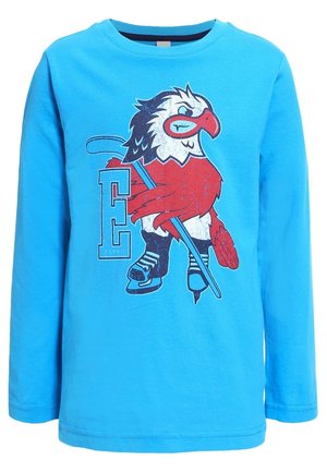 Blaues Langarmhemd mit einer Grafik eines roten und weißen Vogels, der Schlittschuhe trägt und neben einem großen Buchstaben E einen Hockeyschläger hält.