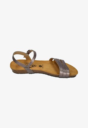 Damen offene Zehen flache Sandale mit drei vorderen Riemen, verstellbarem Knöchelriemen, Korksohle und hellbraunem Fußbett, im Seitenprofil gezeigt.