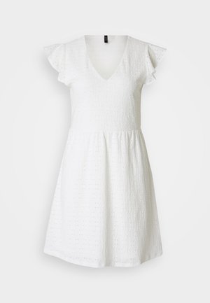 Biele minisukňa s krátkym rukávom a hlbokým výstrihom do V, vyrobená z textúrovanej látky s dierkovanými vzormi, rozšírená a s volánkovými rukávmi.