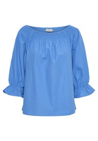 Blouse bleue, ample, avec un col smocké, des manches 3/4 bouffantes et des poignets à volants, en tissu de coton léger.