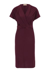 Bordeaux wikkeljurk van zachte stof, met korte mouwen, een getailleerde taille en een knie-lange rok met een gladde textuur.