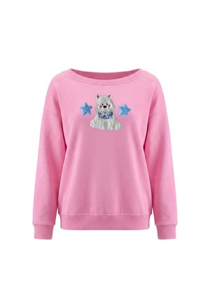 Pink sweatshirt med lange ærmer med en hvid hund iført en blå butterfly og to blå stjerner på brystområdet.