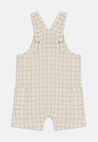 Pantalones cortos a rayas beige, hechos de una tela ligera. Presenta tirantes cruzados en la parte de atrás, dos bolsillos laterales y un ajuste cómodo y holgado.
