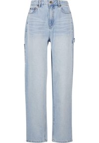 Light blue high-waist straight-leg jeans with front and side pockets, button closure, and belt loops.