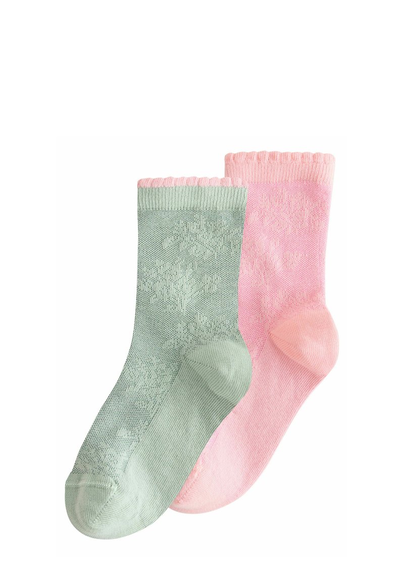 Två par ankelsockor; en mintgrön med strukturerat mönster, en i enhetlig pastellrosa. Båda har ribbade muddar och mjukt stickat material.