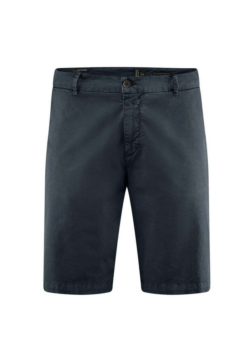 Pantaloni corti da uomo in cotone blu scuro con una texture liscia. Presentano un sistema di chiusura a bottone e passanti per cintura, tagliati sopra il ginocchio per una vestibilità su misura.