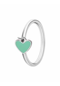 Zilveren ring met een muntgroene hartaccent. De ring is glad en cirkelvormig, met een minimalistisch ontwerp.