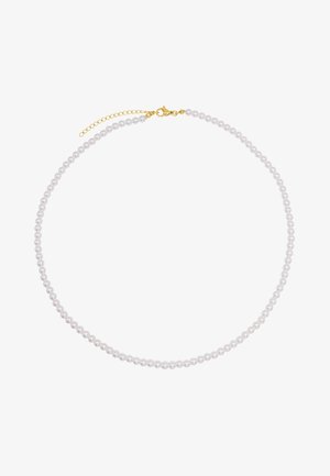 Witte parelketting met een gladde textuur, met ronde kralen en een gouden sluiting met een verlengchain voor een verstelbare lengte.