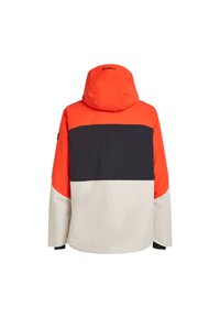 Chaqueta con capucha que presenta un diseño en bloques de color en naranja, marino y crema. Fabricada con material impermeable, con un corte relajado y textura durable.