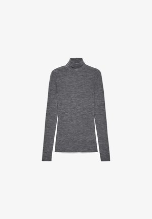 Gray long-sleeve turtleneck top in a soft, lightweight fabric with a smooth texture and fitted design, featuring a high neckline and minimal seams.