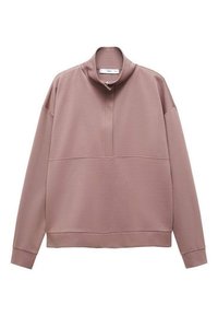 Jersey de tejido suave color malva, con cuello alto, media cremallera frontal, hombros caídos y puños y bajo acanalados. Textura lisa.