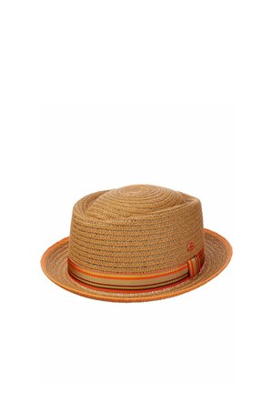 Straw fedora hat with a narrow brim, featuring a multicolored striped ribbon band in orange, brown, and yellow tones.