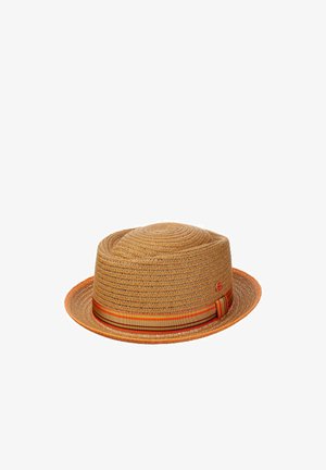 Straw fedora hat with a narrow brim, featuring a multicolored striped ribbon band in orange, brown, and yellow tones.
