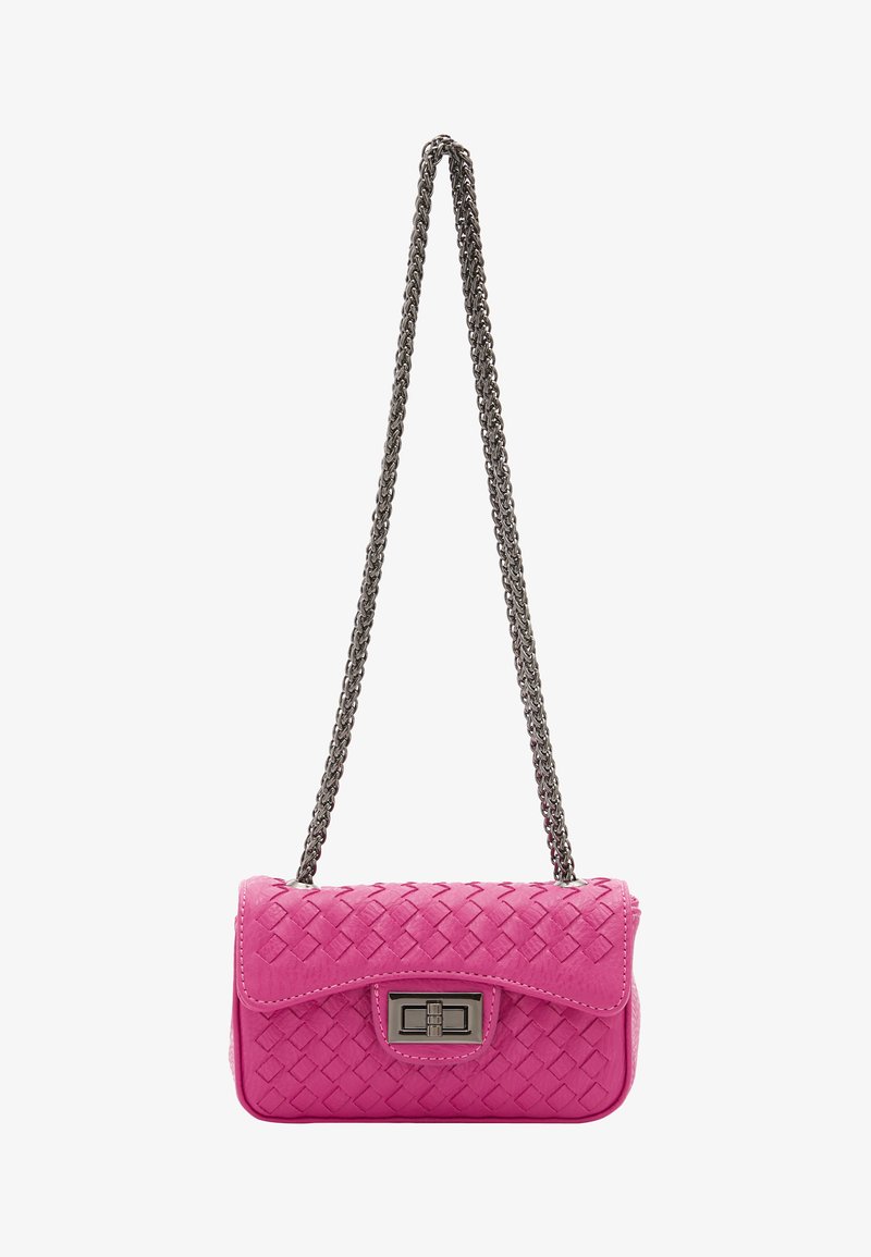 Pink woven leather handbag with a silver chain strap, featuring a rectangular metal clasp and curved flap design. Smooth texture with intricate patterns.