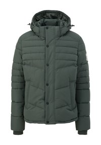 Donkergroene pufferjack met capuchon, drukknoopsluiting aan de voorkant, twee zijzakken en geribde manchetten.