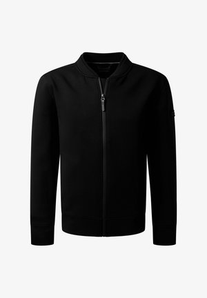 Zwarte jack met rits en staande kraag, geribbelde manchetten en onderkant. Gemaakt van een gladde stof, met een minimalistisch ontwerp zonder patronen.