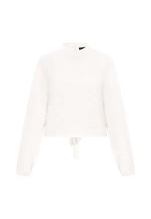 Bílý dlouhý rukáv krátký pletený svetr s vysokým límcem a zavazovacím detailem uprostřed spodní části vpředu.