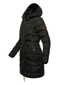 Black padded coat with a hood, featuring a zip front, two front pockets, and a faux fur lining. Accented with leather-look details.