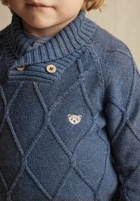 Blauwe gebreide trui met een gestructureerd ruitpatroon, geribde kraag, houten knopen en een klein berenlogo op de borst.