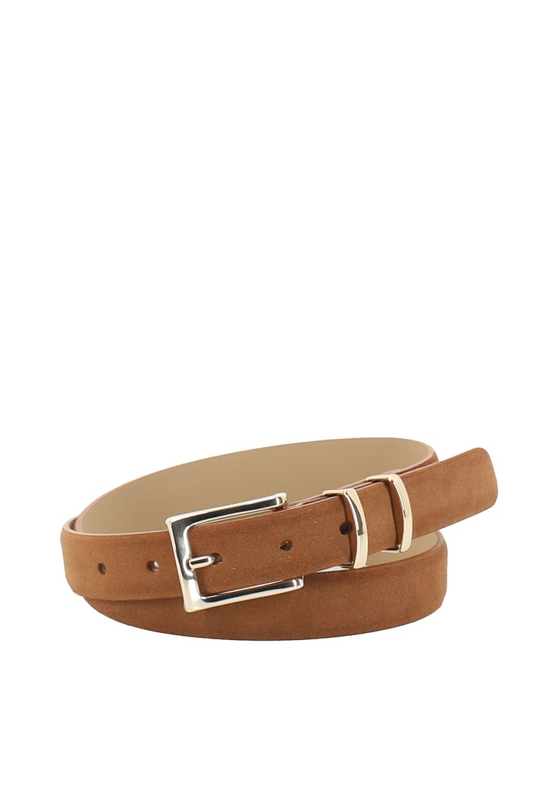 Brown suede belt with a double prong silver buckle, featuring multiple holes for adjustment and a smooth inner lining.