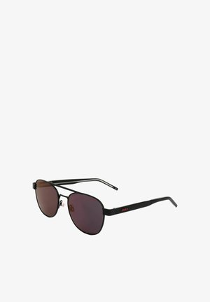 Occhiali da sole aviator in metallo nero con lenti scure e aste con marchio "HUGO".