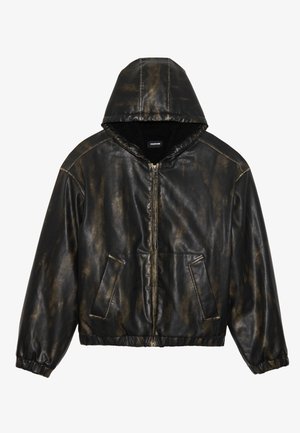 Chaqueta de imitación de cuero marmoleada en negro y marrón con capucha, cierre delantero y diseño de dos bolsillos. Puños y dobladillo elásticos para un ajuste ceñido.