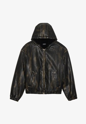 Black and brown marbled faux leather jacket with a hood, front zipper, and two pocket design. Elastic cuffs and hem for a snug fit.