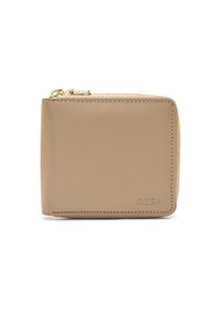 Beige leren portemonnee met een vierkante vorm, voorzien van een ritssluiting en subtiele stikdetails. Merkennaam gedrukt aan de voorkant.