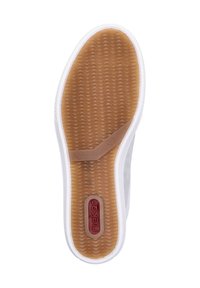Rubber sole with a textured honeycomb pattern, white perimeter, and a red logo; grey upper suede visible on the side.