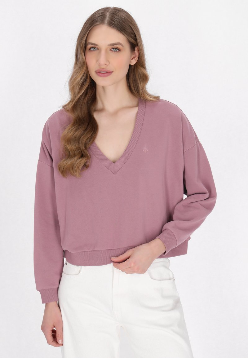 Felpa corta a maniche lunghe con scollo a V di un tenue color malva, realizzata in tessuto morbido con polsini e orlo a coste. Dettaglio del logo discreto sul petto.
