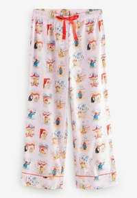 Světle růžové pyžamové kalhoty s kresleným vzorem medvědů a svátečních scén, elastický pas s červenou šňůrkou a červeným lemem na spodním okraji.