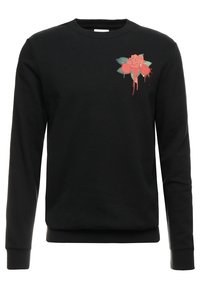 Felpa nera con maniche lunghe, polsini a coste e scollatura rotonda. Presenta ricami floreali rossi e verdi sulla parte superiore sinistra.