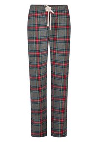 Grau karierte Pyjamahose mit roten, blauen und gelben Karomustern, einem Kordelzugverschluss und einer weichen Stoffstruktur.