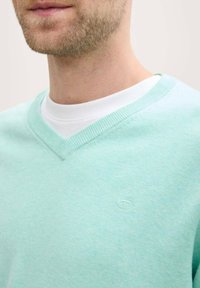 Muntgroene v-hals trui, van lichtgewicht breimateriaal, met een subtiele logodetail op de linkerkant van de borst, gelaagd over een wit shirt.