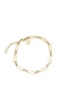 Pulsera de oro con eslabones ovalados entrelazados y acentos de cristal. Cuenta con un cierre tipo langosta y una cadena ajustable para el tamaño.