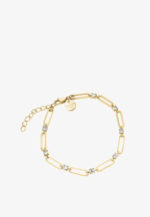 Goldarmband mit ineinandergreifenden ovalen Gliedern und Kristallakzenten. Verfügt über einen Karabinerverschluss und eine verstellbare Kette zur Anpassung der Größe.