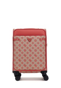 Valigia con ruote in rosso e beige, caratterizzata da un tessuto testurizzato, un top rosso uniforme e una tasca frontale con zip con dettaglio del logo.